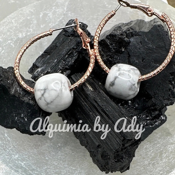 Howlite rose gold hoops donuts charms minimalist earrings/maximalist - Picture 1 of 4